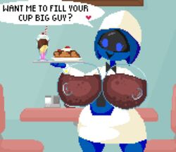 2021 2d 2d_animation animated beverage big_breasts blue_body blue_eyes blue_skin bowtie breasts clothing diner female female_focus female_only food gif hand_on_hip headgear headwear heart holding_object ice_cream indoors looking_at_viewer lsst mostly_clothed nipples original original_character pancake pixel_animation pixel_art refreshment_(lsst) robot robot_girl robot_humanoid simple_background smile smiling soda solo solo_female solo_focus speech_bubble spinneborg talking_to_viewer text transparent_breasts uniform waitress wide_hips wink winking_at_viewer