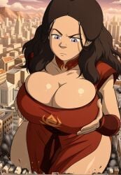 1girls ai_generated avatar_the_last_airbender big_breasts breasts city clothed clothed_female dark-skinned_female dark_skin female female_focus female_only fire_nation fire_nation_clothing giantess giga_giantess katara large_boobs large_breasts memesrus1234 nickelodeon nicktoons solo solo_female solo_focus thick_thighs thighs
