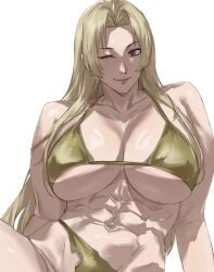 1girls abs_focus areola_slip athletic athletic_female big_breasts bikini bikini_top blonde-haired_female blonde_female blonde_hair breasts_bigger_than_head brown_eyes female female_abs female_only fit fit_female gold_bikini huge_breasts juicy_lips jujutsu_kaisen midriff muscle_mommy muscles muscular_abs muscular_female pale-skinned_female pink_areola ripped_panties sexy sexy_body strong_female taiyang_yu thick thick_body underboob wink winking_at_viewer yuki_tsukumo