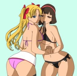 2girls artist_request bikini black_panties blue_eyes brown_eyes brown_hair caroline_(free_fire) female_only free_fire kelly_(free_fire) yellow_hair yuri