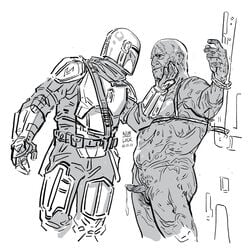 2021 2boys armor bald bandolier boba_fett clothed_male clothed_male_nude_male din_djarin fully_clothed gay gloves greyscale hands_tied hands_up helmet male male/male male_only mandalorian monochrome nim-lock_(artist) nude penis precum restrained restraints scar scars simple_background star_wars the_mandalorian white_background yaoi