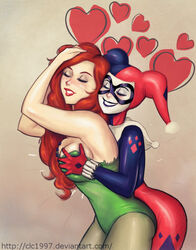 2girls bodysuit breast_grab breast_squeeze clc1997 dc_comics eyes_closed female female_only grabbing_from_behind harley_quinn harley_quinn_(classic) heart poison_ivy yuri