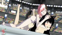 16:9 3d ahe_gao audience black_hair blake_belladonna breasts crowd faunus feet female futanari headlock heterochromia human long_hair multicolored_hair multiple_girls neo_(rwby) nipples nude public rape rwby sex sfmslayer smug source_filmmaker stadium