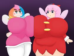 2girls breast_press breast_size_difference clothed elline fairy gigantic_breasts huge_breasts hyper hyper_breasts kirby_(series) kirby_64 kirby_64:_the_crystal_shards pink_hair ribbon_(kirby) touhoufan wings