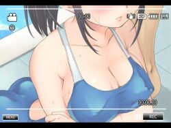 1boy anma arms_under_breasts battery_indicator black_hair blue_one-piece_swimsuit blush breasts cleavage close-up closed_mouth collarbone commentary_request covered_nipples eyes_out_of_frame female hand_on_own_arm head_out_of_frame large_breasts lips long_hair one-piece_swimsuit original pool poolside recording sidelocks swimsuit upper_body viewfinder water wet