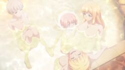 4girls areolae bath bathing blonde_hair blue_eyes breasts breasts_size_difference chained_soldier hips large_breasts mato_seihei_no_slave medium_breasts nei_ookawamura nipples nude pink_hair saki_tokoyama screencap suruga_shushu thighs wakasa_sahara yellow_eyes