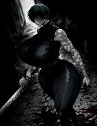 1girls 2026 ai_generated ass belt big_breasts black_hair black_pants blood_on_body blood_on_hand blood_on_weapon blood_stain blurry_background breasts breasts_bigger_than_head burn_scar creepy crop_top crosshatching curvaceous curvaceous_female curvaceous_figure curves curvy curvy_body curvy_female curvy_figure curvy_hips depth_of_field female female_focus female_only from_side gigantic_breasts glowing_eyes green_hair greyscale heavy_breathing hi_res highres hips hips_wider_than_shoulders holding_object holding_sword holding_weapon hourglass_figure hourglass_figured_female huge_breasts jujutsu_kaisen large_breasts lips maki_zenin massive_breasts massive_thighs muscular muscular_female narrow_waist nunai serious shonen_jump short_hair shueisha sleeveless solo solo_female solo_focus steam steaming_body steamy_breath sword tented_shirt thick_thighs thighs toned toned_female turtleneck underlighting voluptuous voluptuous_female wide_hips zenin_maki