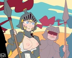 1boy 1girls armor blonde_hair blue_eyes exposed_breasts knight light-skinned_female light_skin medieval_armour popthesnowman spear sweat sweatdrop sweating tagme vhfd