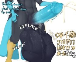 absurd_res anthro avian begging bird bodily_fluids broken_bone cock_vore crying cum death duo fatal_vore galliform genital_fluids genitals hi_res hyper hyper_balls hyper_penis julecek male male/male peafowl pelecaniform penile penis phasianid shoebill standing tears vore