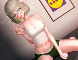 1girls alfhilde astraline bed big_breasts breasts breasts_squeezed_together clothing colored_inner_hair feet female freckles freckles_on_breasts freckles_on_face glasses green_eyes green_hair green_nails green_shorts grey_hair koikatsu large_breasts lidl looking_at_viewer navel on_bed peace_sign pito-otip pointy_ears short_hair shorts sitting smile spamkaju tank_top thick_thighs thighs toes v virtual_youtuber vtuber white_shirt