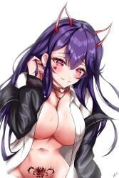 1girls absurdres akuma_nihmune artist_request big_breasts blush breasts cleavage demon_girl demon_horns female highres indie_virtual_youtuber large_breasts long_hair pubic_tattoo purple_hair red_eyes solo source_request sweat tattoo virtual_youtuber vtuber