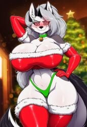 ai_generated anthro bell bell_collar big_ass big_breasts brainwashed christmas christmas_clothing christmas_outfit christmas_tree collar elbow_gloves furry hand_behind_head hand_on_hip hellaverse helluva_boss hypnosis hypnotized loona_(helluva_boss) mind_control swirly_eyes thick_thighs thighhighs thong wide_hips