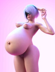 3d 3d_(artwork) belly big_belly big_breasts breasts light-skinned_female light_skin naked naked_female nier nier:_automata nier_(series) nude nude_female nudity pregnant pregnant_belly pregnant_female robot robot_girl video_game_character white_hair white_hair_female yorha_2b zazkinkart