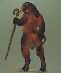 absurd_res animal_genitalia anthro anus balls bovid bovine brown_body brown_tail bryn_(caleblper) cattle ear_piercing ear_ring facial_piercing full-length_portrait genitals green_background grey_hooves hi_res holding_object holding_staff hooves looking_at_viewer male male_anthro mammal mouth_closed multiple_piercings musclegut muscular muscular_anthro muscular_male narrowed_eyes nose_piercing nose_ring orange_eyes penis penis_tip piercing portrait puffy_anus rear_view ring_piercing saggy_balls scarlanya septum_piercing septum_ring sheath simple_background solo staff standing tail tail_tuft tuft