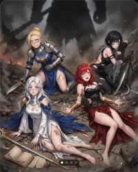 4girls ai_generated black_hair blonde_hair blue_eyes breasts cuts defeated defeated_heroine dirty green_eyes grey_eyes isekaizeroworld red_hair scratches thighs white_hair