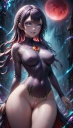 ai_generated artist_name ass_visible_through_thighs bare_hips black_hair black_nails blue_eyes bodysuit braid breasts brooch cleft_of_venus clothing colored_inner_hair covered_navel covered_nipples cowboy_shot electricity female fingernails full_moon gem grin huge_moon impossible_clothes jewelry large_breasts leotard lips long_fingernails long_hair long_sleeves looking_at_viewer medium_breasts moon multicolored_hair nail_polish night night_sky nipples outdoors parted_lips piercing pussy red_gemstone red_hair red_moon see-through sharp_fingernails skin_tight smile solo symbol-shaped_pupils thick_thighs thigh_gap thighs torn_clothes two-tone_hair wide_hips