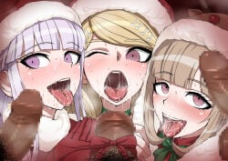 3boys 3girls akamatsu_kaede akisora blush christmas danganronpa danganronpa_2:_goodbye_despair danganronpa_v3 group kirigiri_kyouko nanami_chiaki open_mouth penis santa_hat tongue tongue_out