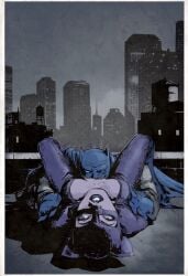 1boy 1girls 2d 2d_(artwork) antiheroine batman batman_(bruce_wayne) batman_(series) bruce_wayne cat_burglar catwoman cleavage dc dc_comics eating_pussy eyes_rolling_back hero_costume hero_on_villain hero_on_villainess lips lipstick mask masked_female masked_male open_clothes oral oral_sex outdoor_sex outdoors public public_sex rooftop rooftop_sex selina_kyle skin_tight spandex spread_legs superhero thief zack_snyder