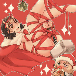 2boys adoptive_siblings asgardian ass beard bishonen bondage bound cape christmas consensual_bondage drinking facial_hair gay gift_wrapped horned_headwear human human_only incest light-skinned_male light_skin loki_(marvel) loki_(series) love male male_only marvel marvel_cinematic_universe mistletoe mjolnir nosebleed nude nude_male restrained ribbon ribboned_body santa_hat shibari step-incest thor_(marvel) thor_(series) tied_up yaoi