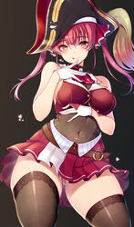 1girls bangs bare_shoulders black_background blush blushing choker curvy different_eye_color female female_only hand_on_breast hand_under_breasts heart heterochromia hololive hololive_fantasy hololive_japan houshou_marine licking_lips looking_at_viewer masaoka_misaki pink_hair pirate red_eyes seductive see-through see-through_clothing sideboob slight_smile smile smiling smirk solo suggestive_look tagme thighhighs tongue_out twintails virtual_youtuber white_gloves yellow_eyes