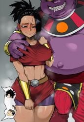1boy 1girls ai_generated big_breasts big_penis black_hair breasts bulge bulge_through_clothing cabba cat_humanoid caulifla champa champanized chibi dragon_ball dragon_ball_super drooling earrings fat_male female female_saiyan groping groping_breasts jazzifu kale large_breasts large_penis looking_at_viewer male penis pulling_clothing purple_skin pussy_juice saiyan self_upload shaking sharp_teeth straight sweat