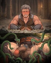 1boy balls beard belt biceps big_balls big_glans big_penis blurry_background bottomless brown_hair censored censored_balls censored_penis circumcised closed_eyes clumsy collarbone cross_section curved_penis dark_penis dissolving_clothes dungeon duo embarrassed foreskin_folds frown funa_(artist) gauntlets gay goatee grin half-erect hi_res huge_cock kankaku_shadan male male_only mature_male melting_clothes mosaic_censoring mucus muscles muscular muscular_arms muscular_legs muscular_male muscular_thighs original original_character pecs penis pointless_censoring pubic_hair red_glans retracted_foreskin short_hair spread_legs stone_floor stuck stuck_in_floor sweat sweatdrop tentacle thick_penis trapped two_panel_image unawareacles veiny_penis vest yaoi