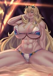 1girls 2023 abs areola_slip areolae barghest_(gawain)_(fate) barghest_(swimsuit_archer)_(final_ascension)_(fate) beach big_breasts bikini bikini_bottom bikini_top blonde_hair bottomwear breasts cleavage fate_(series) female female_only green_eyes hair heterochromia huge_breasts legs_spread long_hair muscles muscular muscular_female orange_eyes solo solo_female spread_legs swimwear thighs tongue tongue_out topwear water white_bikini zinfian