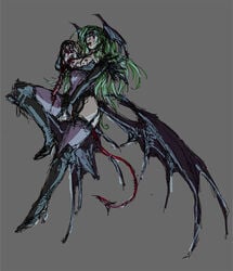 blindfold clothing darkstalkers death demon_tail female gore green_hair guro head_wings heels large_breasts long_hair male_death morrigan_aensland necrophilia small_breasts solo spine sucking_nipples ucchinu very_long_hair wings