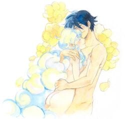 1boy 1girls @mekodaba ass blonde_hair blush breasts canon_couple closed_eyes completely_naked completely_nude gradient_background gradient_hair hug hugging_partner long_hair mekodaba nia_teppelin simon_(tengen_toppa_gurren_lagann) simple_background smiling tengen_toppa_gurren_lagann white_background wholesome wholesome_nudity