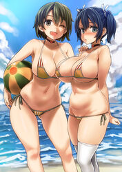 2girls :d :o ;d alternate_costume arms_behind_back asanagi ball bare_shoulders beach beachball belly bikini black_eyes black_hair blue_eyes blue_hair blush breasts brown_eyes brown_hair choker cleavage cloud collarbone contrapposto covered_nipples day green_hair groin hair_between_eyes hair_ribbon hand_on_another's_shoulder heart highres hiryuu_(kantai_collection) kantai_collection large_breasts looking_at_viewer lowleg lowleg_bikini matching_outfit multiple_girls navel ocean one_eye_closed open_mouth outdoors plump ribbon shadow short_hair side-tie_bikini skindentation sky smile souryuu_(kantai_collection) standing strap_gap swimsuit thighhighs twintails white_legwear