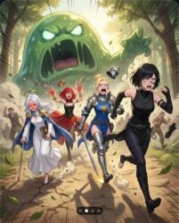 4girls afraid ai_generated armpits arms_up black_hair blonde_hair blush crying distressed green_eyes grey_eyes isekaizeroworld monster red_hair running slime thighs white_hair