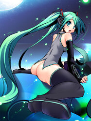 ass boots bottomless clothing detached_sleeves female footwear green_eyes green_hair hatsune_miku long_hair necktie open_mouth rooriibell sitting solo thigh_boots thighhighs vocaloid