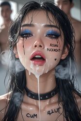 after_blowjob after_fellatio after_gangbang after_group_sex after_sex after_sex_selfie after_threesome ai_art ai_assisted ai_generated asian_female black_hair blue_eyeshadow body_made_for_cock body_markings body_writing bodywriting breath breath_cloud breathing_heavily cum cum_in_mouth cum_leaking_out_of_mouth cum_on_body cum_on_breasts cum_on_face cum_on_hair disheveled disheveled_hair female female_focus female_only femsub fucked_silly fucked_up fucked_up_face messy messy_hair messy_makeup mmf mmf_threesome nasty pink_lip_gloss pink_lips pink_lipstick raceplay ruined_makeup runny_makeup runny_mascara slave_collar slave_girl