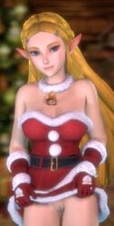 3d 3d_(artwork) bell belt blonde_hair breath_of_the_wild christmas christmas_outfit female gloves green_eyes handwear hylian looking_at_viewer neckwear nintendo pale_skin pointy_ears princess_zelda showing_pussy skirt_lift the_legend_of_zelda woozysfm zelda_(breath_of_the_wild)