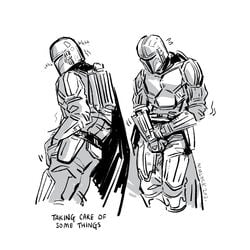 1boy 1male 2021 armor cape clothed clothing din_djarin greyscale helmet male male_only mandalorian mandalorian_armor mandalorian_helmet masturbation monochrome motion_lines nim-lock_(artist) simple_background solo solo_male star_wars text the_mandalorian touching_self white_background