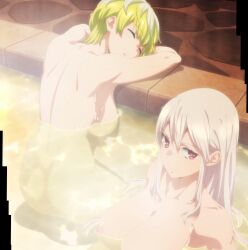 ass blonde_hair breasts chained_soldier closed_eyes izumo_tenka large_breasts mato_seihei_no_slave nude puffy_nipples red_eyes screencap sideboob stitched thighs uzen_kyouka wet_body wet_skin white_hair