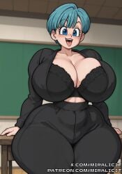 ai_generated big_ass big_breasts big_butt blue_eyes blue_hair bulma_(dragon_ball) bulma_briefs classroom dragon_ball female happy high_quality high_resolution miralicit short_hair shortstack solo thick_hips thick_thighs