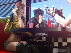 1girls 2boys 3d abdomen abs artist_name belly belly_button black_hair blonde_hair boots bra camera cindy_aurum cleavage closed_eyes clothed cock comic comic_page cum cum_drip cum_dripping cum_rope cum_string cumming dialogue dick dinner english_text female final_fantasy final_fantasy_xv gloves godwin green_eyes handjob hat holding_penis human human_only jacket jacket_open jerking jerking_off jerkingoff jerkingoff_another light-skinned_female light-skinned_male male masturbation mechanic neroxliv noctis_lucis_caelum nsfw open_mouth outercourse page_2 panties pants_down pantylines penis prompto_argentum pubic_hair public secret short_hair short_shorts shorts sitting smile smiling sneaky spiky_hair stealth_sex stomach stroking_penis subtitled t-shirt table talking talking_to_another text tomboy under_the_table unknowing_bystander