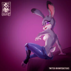 1:1 1girls 2020 anthro ass blush breasts buckteeth clothed clothing disney female female_only fur grey_body grey_fur head_tuft judy_hopps lagomorph leporid looking_back mammal medium_breasts nipples open_mouth open_smile purple_background purple_eyes rabbit simple_background sitting smile solo teeth topless tuft vinnyssketches zootopia zootropolis