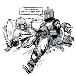 2021 2boys armor bare_chest boba_fett boots dialogue dialogue_box din_djarin gay gloves greyscale hand_on_knee helmet laying_down laying_on_bed male male/male male_only mandalorian mandalorian_armor mandalorian_helmet monochrome nim-lock_(artist) penis penis_out pillow precum simple_background star_wars text the_mandalorian white_background yaoi