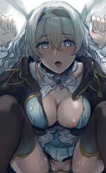 1boy 1girls areolae blush breasts firefly_(honkai:_star_rail) gradient_eyes gradient_hair hair_ornament headband hews hews_hack honkai:_star_rail honkai_(series) legs_up looking_at_viewer missionary missionary_position missionary_sex multicolored_eyes nipples on_back one_breast_out open_mouth sex silver_hair thighhighs tongue tongue_out vaginal_penetration vaginal_sex