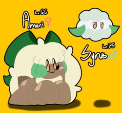 amari_(sitrusnsfw) big_ass big_breasts bow brown_body brown_skin cottonee elfuun monmen nintendo orange_eyes pokémon_(species) pokemon shortstack sitrusnsfw smaller_male whimsicott white_hair