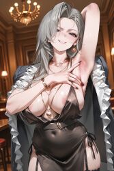 1girls ai_generated armpit_fetish armpits bracelet breasts cleavage dress female female_only goddess_of_victory:_nikke grey_eyes grey_hair huge_breasts jacket jacket_on_shoulders jewelry light-skinned_female light_skin long_hair looking_at_viewer mature_female mole mole_on_breast mole_under_mouth mrs._miss_(nikke) necklace one_arm_up open_mouth painted_nails ring seductive seductive_look seductive_smile thighs torn_legwear