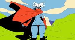 1girls artist_signature black_eyes black_hair blue_skin boots breasts cape gloves hylics minimalist_background nipples outside panties popthesnowman red_cape red_gloves red_panties scarred somsnosa_(hylics) standing tagme thick_thighs thighs topless