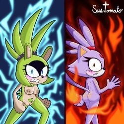 afrosoricid anthro areola ass blaze_the_cat blush breasts domestic_cat duo electricity felid feline felis female fire genitals hi_res idw_publishing looking_at_viewer mammal navel nipple_piercing nipples nude piercing pubes sega sharp_teeth sonic_(series) sonic_the_hedgehog_(comics) sonic_the_hedgehog_(idw) sonic_the_hedgehog_(series) surge_the_tenrec sussytomato tail teeth tenrec vulva