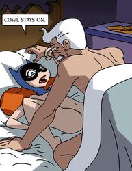 1boy 1girls accidental_incest arm_grab barbara_gordon batgirl batman:_the_animated_series batman_(series) bed blanket daughter dboy dc dc_comics dcau dialogue dishuise english_text father father_and_daughter female incest james_gordon long_hair mask missionary missionary_position naked_hat naked_headwear naked_mask nude nude_female nude_male nudity reaching_out red_hair shadow speech_bubble spread_legs straight superheroine text unintentional_incest unmasking white_hair