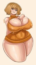 1girls ashley_graham blonde_hair blue_eyes bodily_fluids capcom cleavage female female_only hi_res huge_breasts huge_thighs large_breasts large_thighs looking_at_viewer medium_hair nipple_bulge pummies resident_evil resident_evil_4 resident_evil_4_remake simple_background smiling smiling_at_viewer solo sweat sweater thick thick_thighs wide_hips