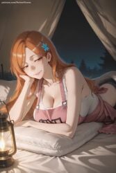1girl ai_generated apron bangs bare_shoulders bleach breasts chin_rest cleavage hair_ornament hi_res high_quality high_resolution inoue_orihime large_breasts long_hair looking_at_viewer lying on_stomach orange_hair patreon seductive sexy smile solo uncensored watermark