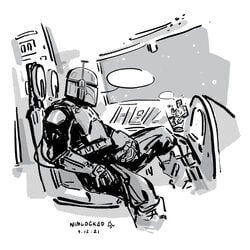 2021 2boys armor boba_fett dialogue_bubble din_djarin empty_speech_bubble gay gloves greyscale male male_only mandalorian mandalorian_armor mandalorian_helmet masturbation monochrome nim-lock_(artist) simple_background sitting star_wars the_mandalorian video_call