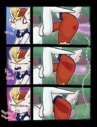 1boy 1girls 2026 anal anal_sex anthro bisexual blush bodily_fluids cinderace duo female femboy gardevoir generation_3_pokemon generation_8_pokemon haku_(tofuuu) huge_cock hung_femboy hung_trap magic magic_penis male male/male nintendo penetrating_while_penetrated penetration pokemon pokemon_(species) psychic sandwiched sex standing standing_sex stomach_bulge sweat text tofuuu vaginal_penetration x-ray_view